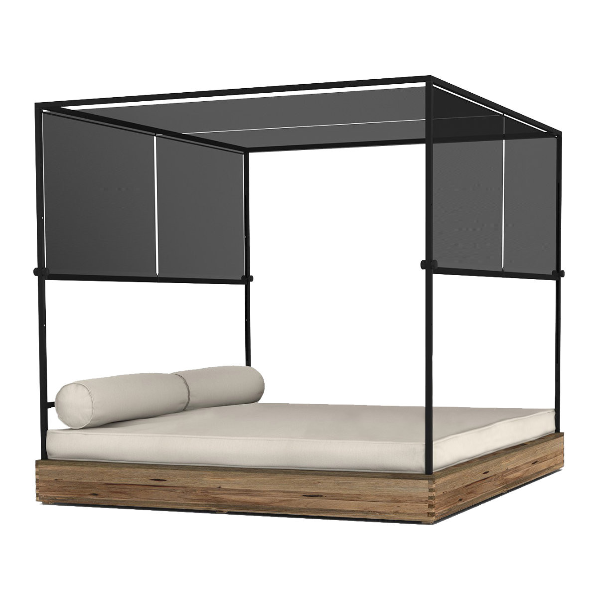 Light driftwood platform wide chaise lounge with off-white cushions, black metal frame and sling canopy