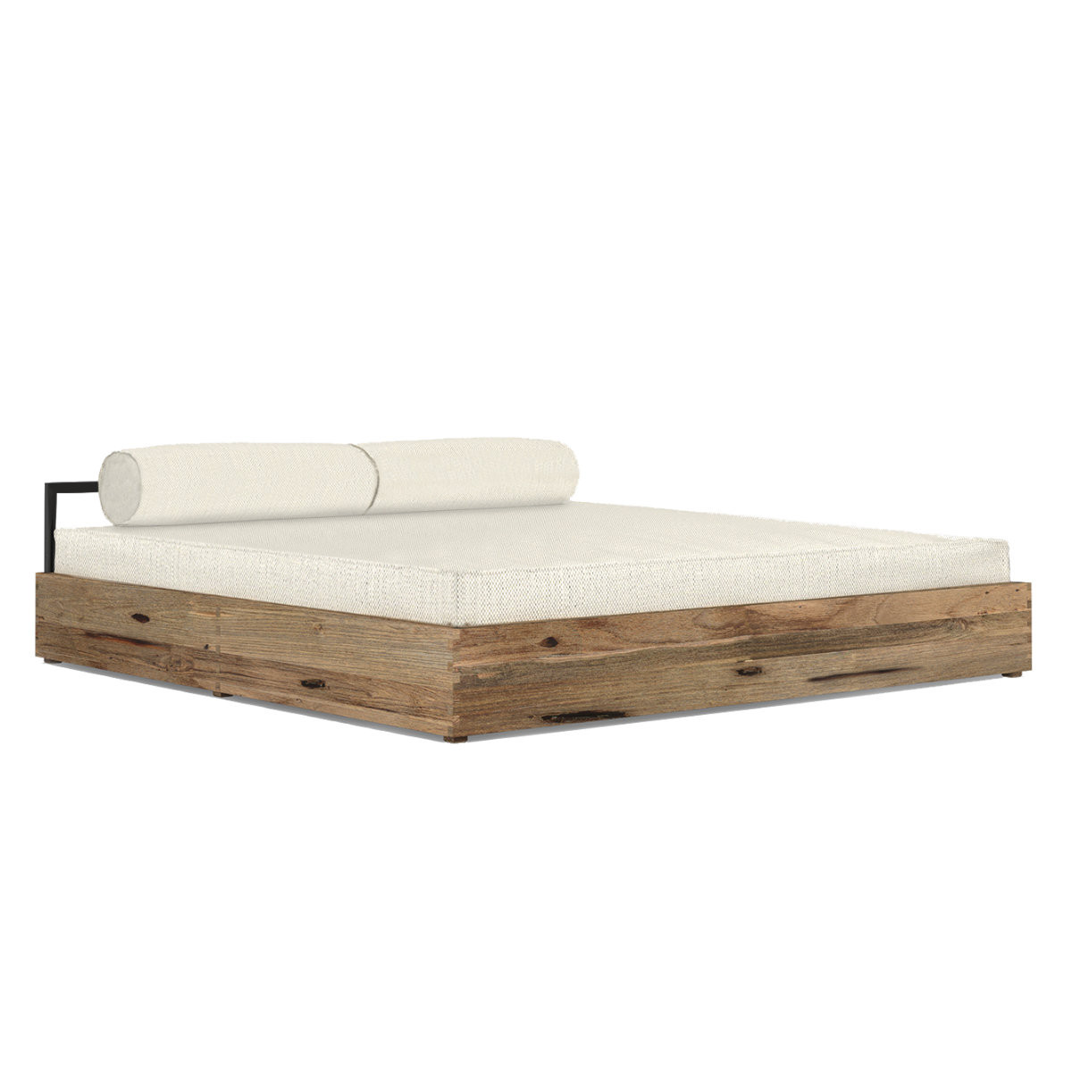 Driftwood platform double chaise with off-white cushion and bolster pillow and black metal frame