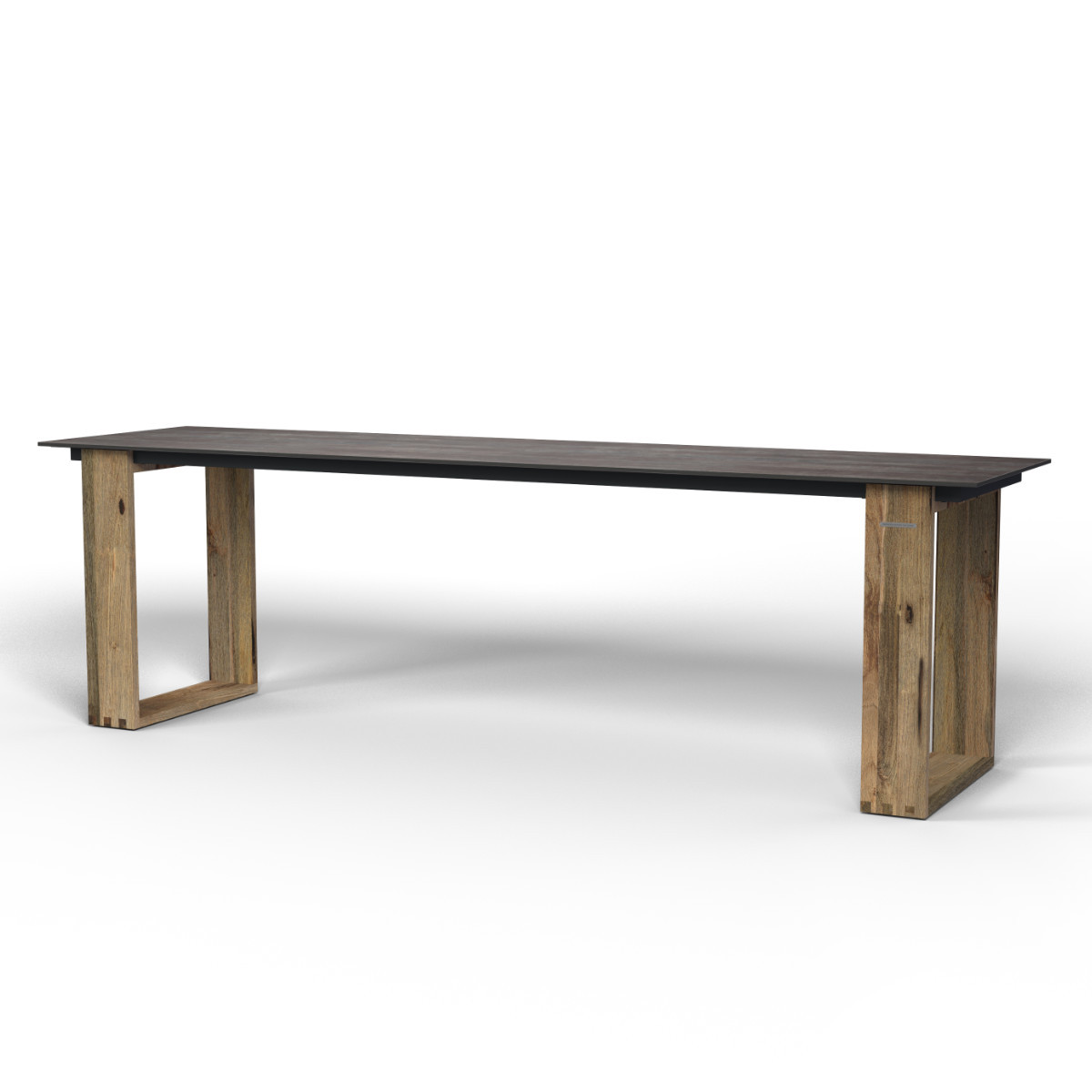 Long counter-height table with drift-look teak  base frames with a dark HPL top