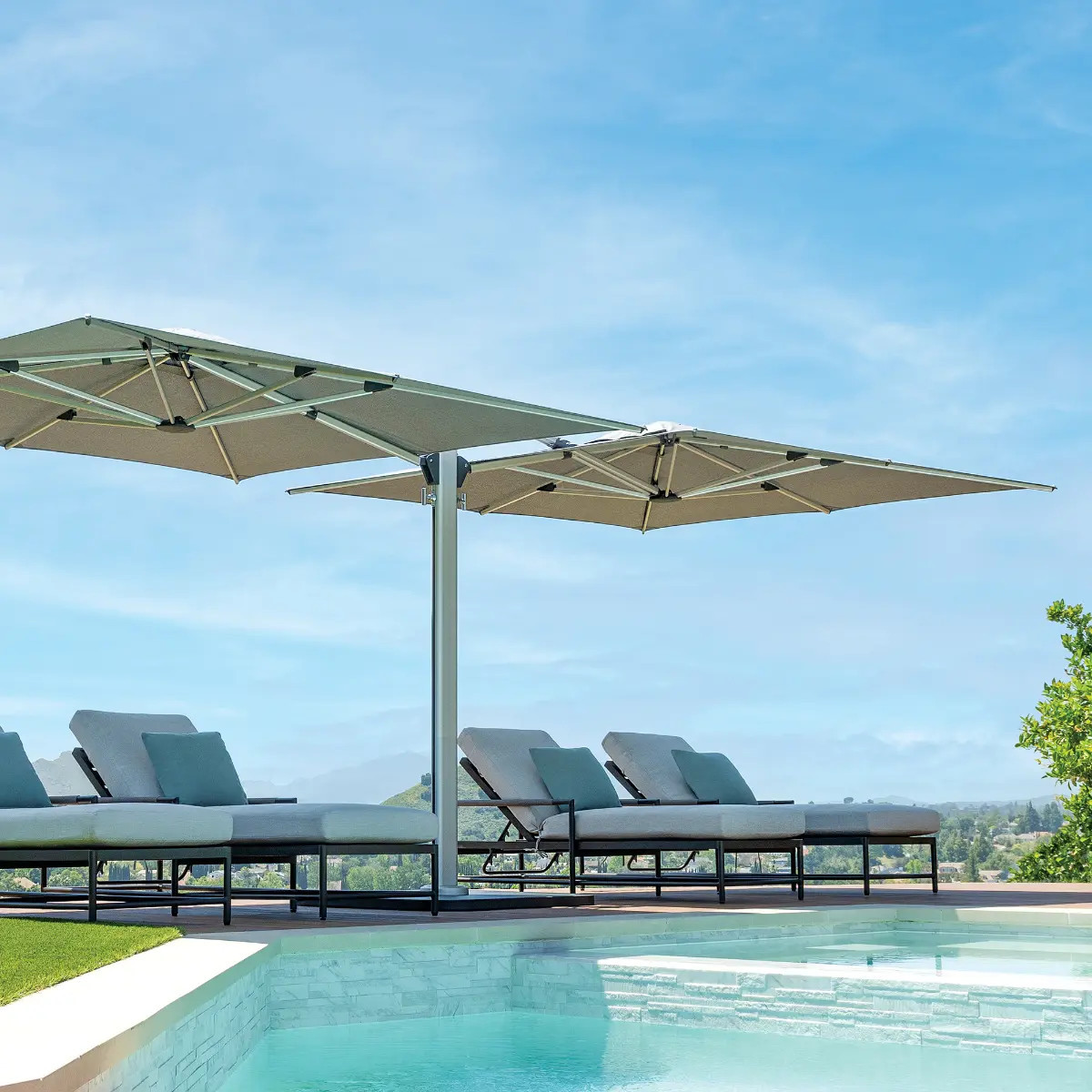 Shademaker Gemini Dual Sidepost Umbrella Canopy - Pool - Lifestyle - Angle
