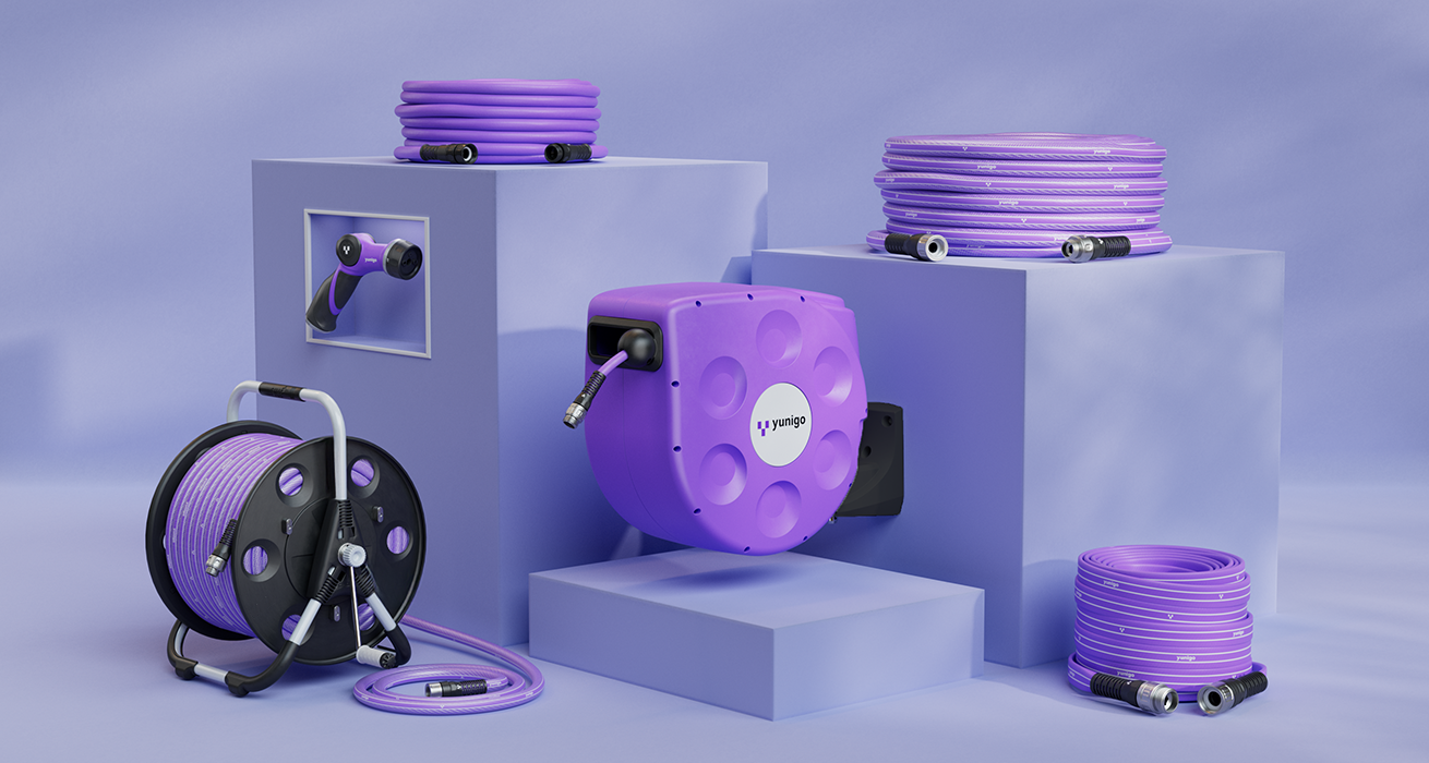 Yunigo Hoses, Reels and spray nozzle. All purple