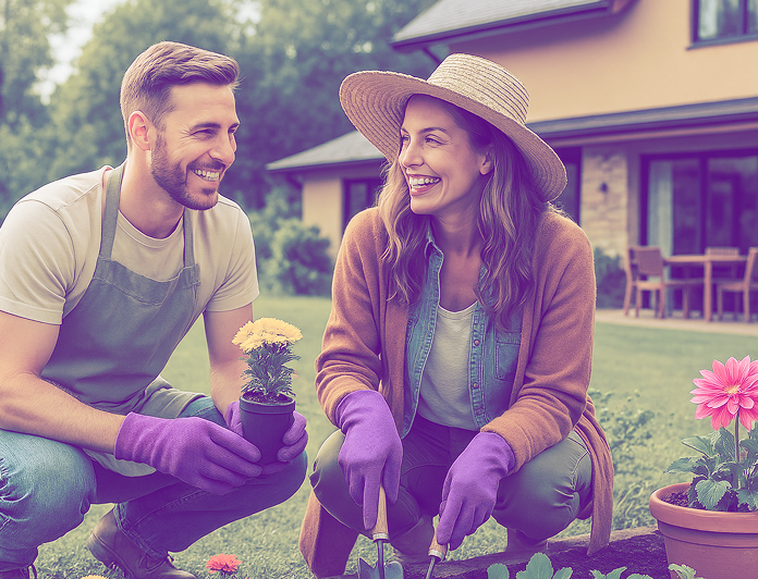 a boy and a girl planting flowers in the garden