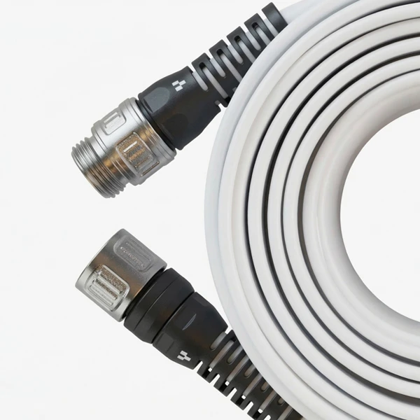 White flat garden hose with couplings ideal for RV & Marine usage