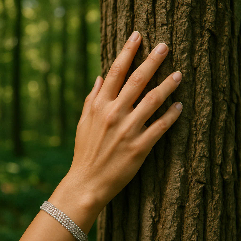 a hand touching the bark of a tree