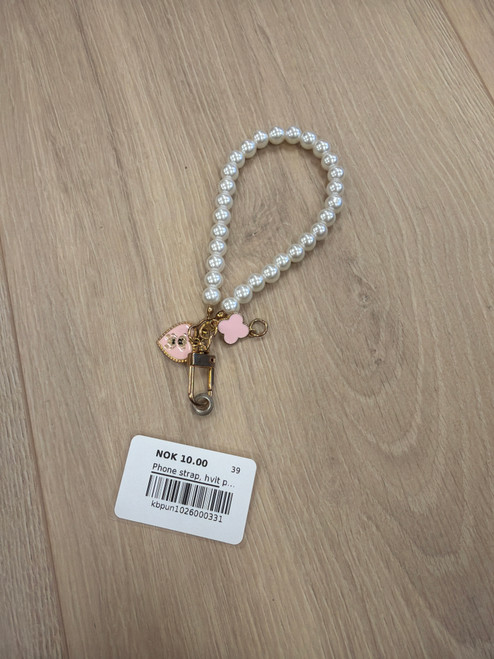 Phone strap, hvit perle