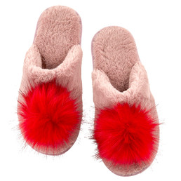 Plush Pom Pom Slippers - Blush + Red Pom Pom