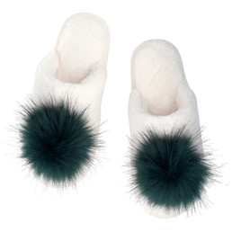 Plush Pom Pom Slippers - Ivory + Forest Green Pom Pom