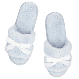 Plush Velvet Bow Slippers - Spa Blue + Ivory Velvet Bow