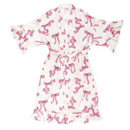 Long Ruffled Satin Robe - Ivory + Hot Pink Bows