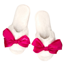 Plush Satin Bow Slippers - Ivory + Hot Pink Bow