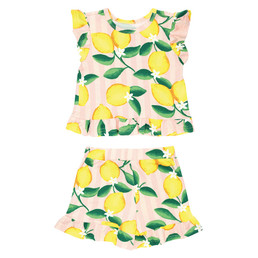 Two-Piece Short Sleeve + Shorts Ruffle Set - Pink Stripes + Lemons