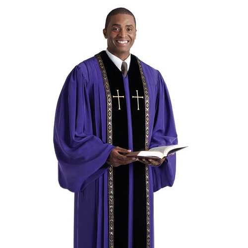 RT Wesley Pulpit Robe with Gold Metalic Piping and Cross - Purple