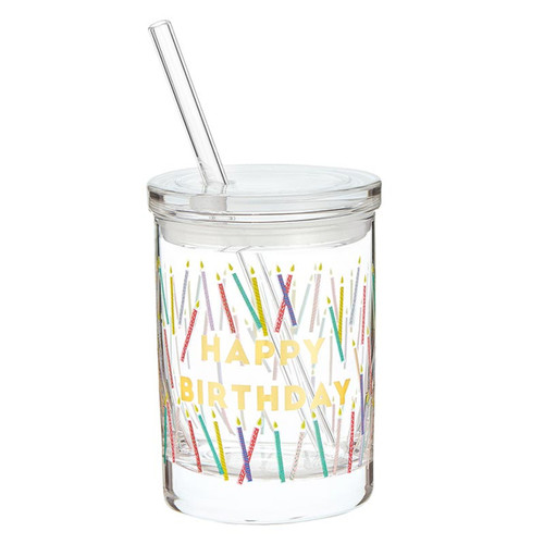 Glass DOF with Lid and Straw - Happy Birthday Candles