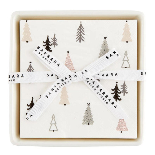 Ceramic Napkin Tray + Napkins - White - Trees