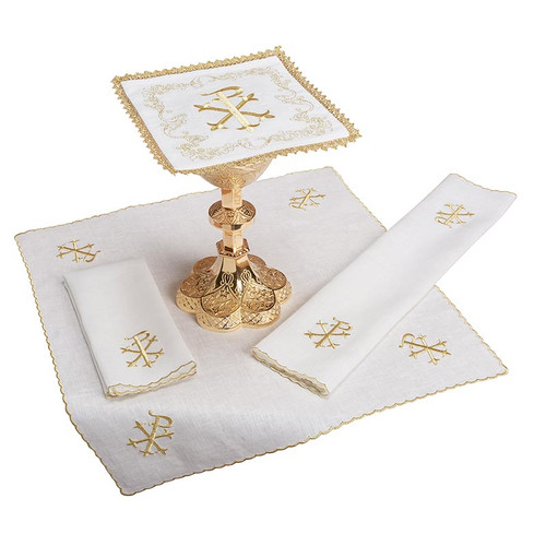 Embroidered Chi Rho lace Trim Altar Linen Gift Set