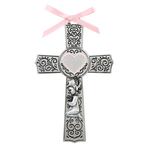 Pink Praying Girl Cross Crib Medal