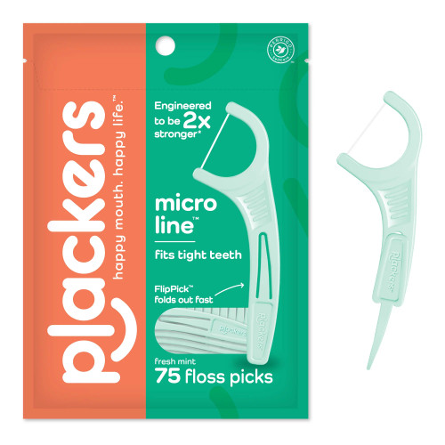 Plackers Micro Line Dental Floss Picks, Fold-Out FlipPick, Tuffloss, Easy Storage with Sure-Zip Seal, Fresh Mint Flavor (75 Count)