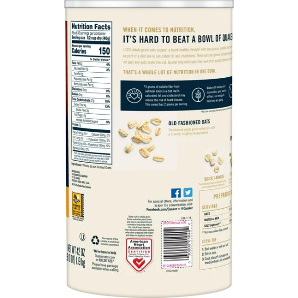 Quaker Old Fashioned Oatmeal, Whole Grain, 42 oz