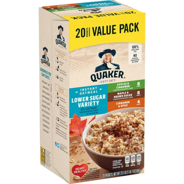 Quaker Instant Oatmeal, Lower Sugar Variety Pack (20 ct)