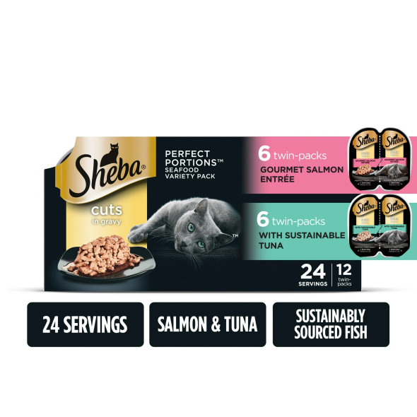 Sheba Wet Cat Food Cuts in Gravy Variety Pack, With Sustainable Tuna and Gourmet Salmon Entrée, (12) 2.6 oz. PERFECT PORTIONS Twin-Pack Trays (24 Servings)