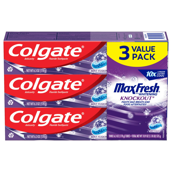 Colgate Max Fresh Knockout Toothpaste, Whitening Toothpaste with Mini Breath Strips, Mint Fusion, 3 Pack, 6.3 Oz Tubes (Pack of 3)