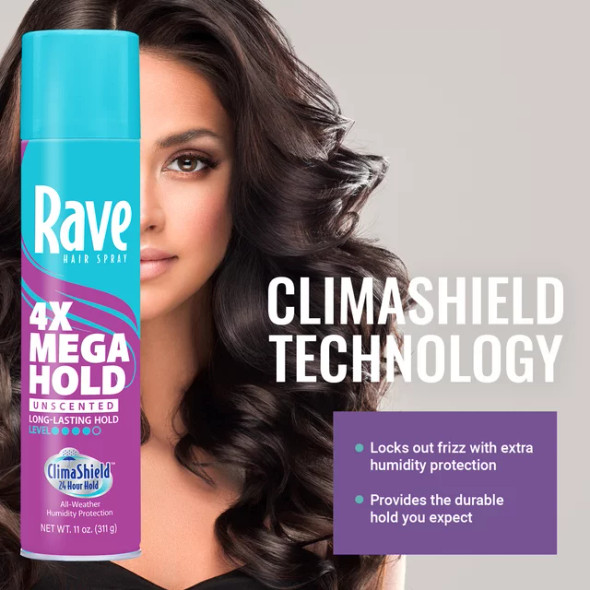 Rave 4X Mega Hold Hair Spray, All-Weather Protection with Vitamin-Rich Formula, 11 oz (1 ct)