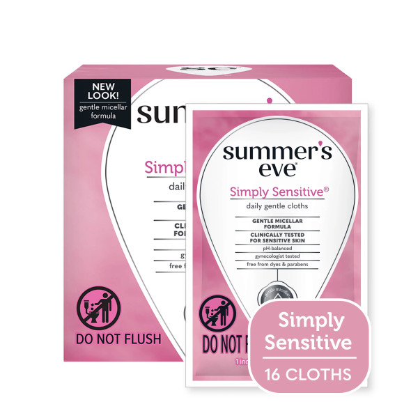 Summer’s Eve Simply Sensitive Daily Feminine Wipes, Removes Odor, pH Balanced (16 Count)