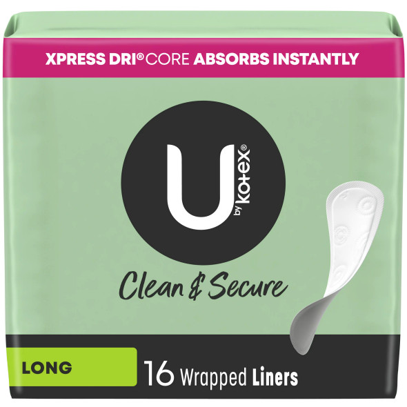 U by Kotex Clean & Secure Wrapped Panty Liners, Light Absorbency, Long Length (16 Count)