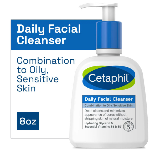 Cetaphil Daily Facial Cleanser for Sensitive, Combination to Oily Skin, 8 oz (1 ct)