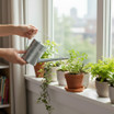 long reach watering can being used indoors to water house plants