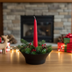 candle and floral frog combo with red candle and Christmas greenery