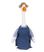 Front view of Porch Goose dressed in gardener's outfit