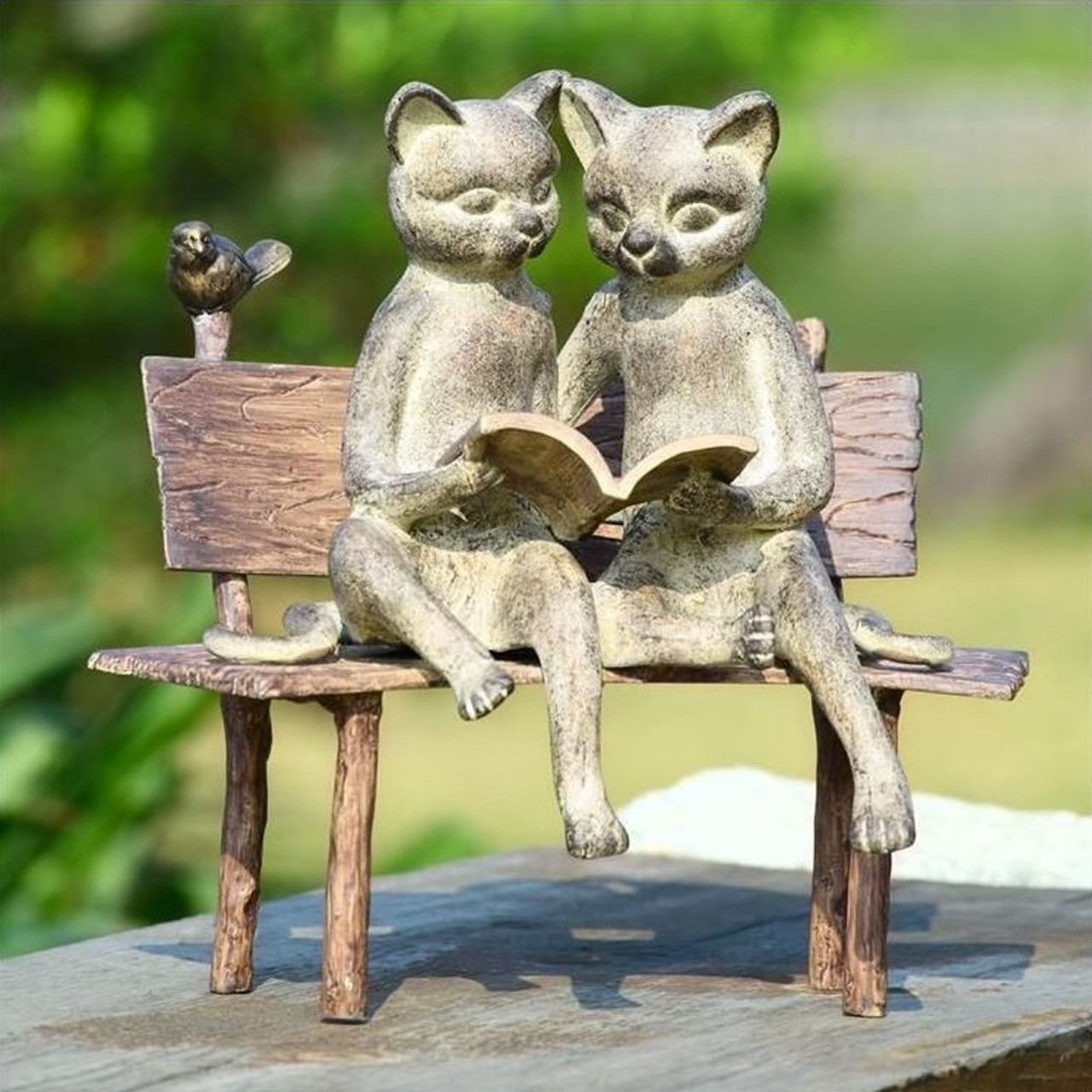 Reading Cats on Bench Statue - Garden Artisans LLC