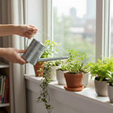 long reach watering can being used indoors to water house plants
