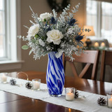 Blue & White Bouquet Glass Vase with White Flowers
