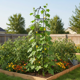 Rose trellis in vegetable garden with cucumbers on trellis