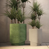 Medium & Small Damu cylindrical fiberstone planters in green and creme