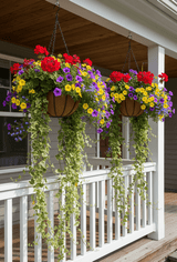 Bellus hanging baskets on porch
