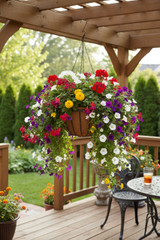 Bellus hanging basket planted and hanging from pergola