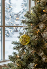 Handblown glass ball ornament on tree