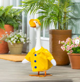 Porch Goose dressed in yellow raincoat