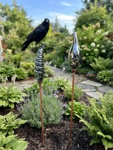 Mirrored glass finials with crow in garden