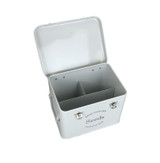 Metal seed storage box with multiple compartments.