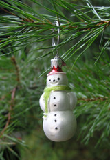 Blown Glass Mini Snowman Ornament with Green Scarf