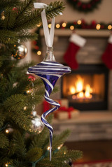 Blue & White Flat Topy Swirly Pyrex glass ornament on tree