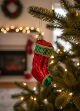 Bright Red Stocking Ornament on Decorated Christmas Tree