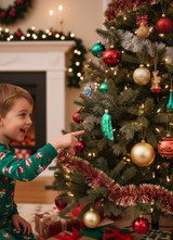 Child excited to find the Pickle ornament on Christmas tree