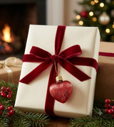 Mini heart ornament with ribbed texture on package