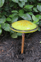 Glass mushroom stake lime with copper spots