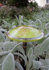 Glass mushroom stake lime with copper spots